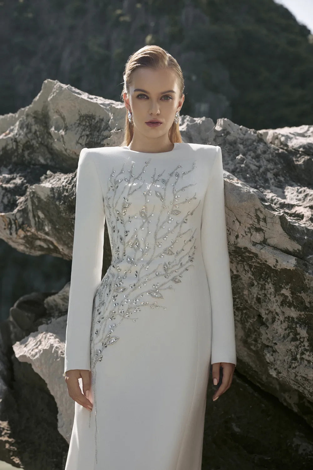 Padded Shoulder Crystal Embellished Straight Dress